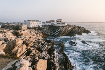 Sunset in the village on the cliffs Atlantic ocean Baleal island Portugal