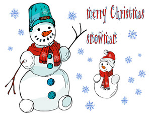 postcard Snowman and inscription Merry Christmas, color isolated illustration on white background, snowflakes, lettering