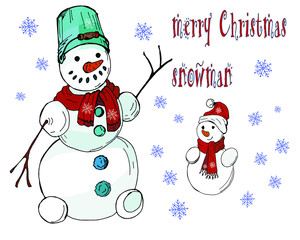 postcard Snowman and inscription Merry Christmas, color vector isolated illustration on white background, snowflakes, lettering