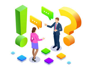 Obraz na płótnie Canvas Isometric man and woman standing near exclamations and question marks. Ask questions and receive answers. FAQ and Q&A, online support center.