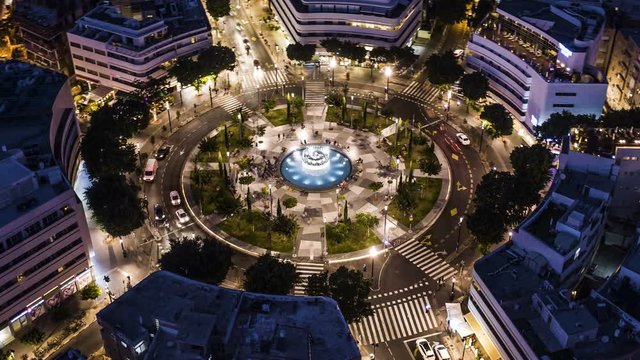 Big roundabout - Aerial hyperlapse - Dizengoff square in tel Aviv, Israel, at night, 4k drone view