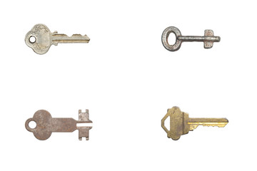 Isolated of four antique key on a white background.