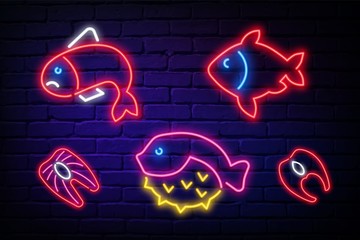 Fish neon light icon. Cafe, restaurant menu. Fish species. Underwater animal, seafood. Carp, trout. Healthy nutrition. Vector isolated illustration