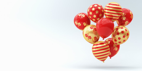 Red balloons with gold decoration on a blue background. 3d render illustration. Christmas illustration for advertising.
