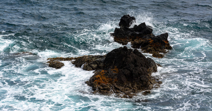 Attlantic ocean waves on the west coastline of Mosteiros Azores Portugal