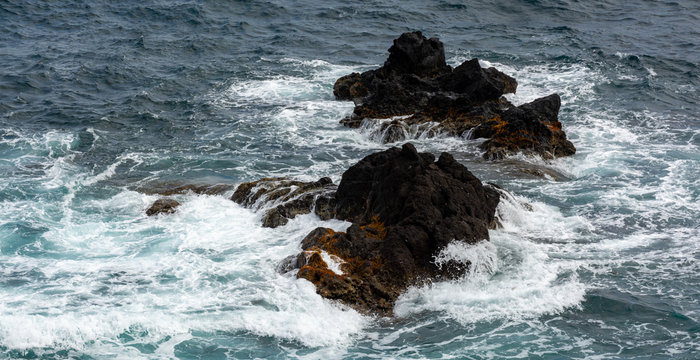 Attlantic ocean waves on the west coastline of Mosteiros Azores Portugal