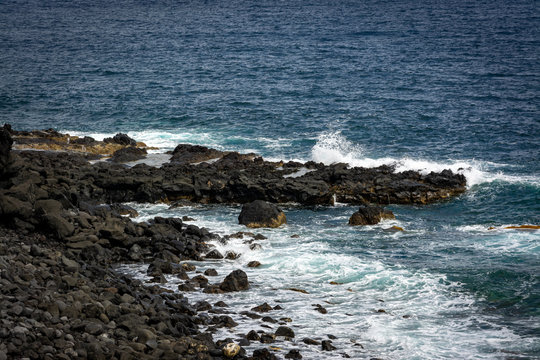 Attlantic ocean waves on the west coastline of Mosteiros Azores Portugal