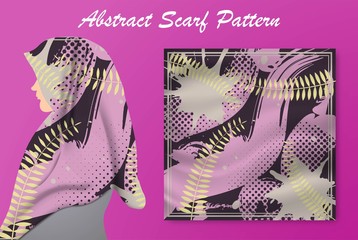Abstract scarf pattern design for hijab fashion. Hijab scarf with splash brush ink and leaves for Printing Production.