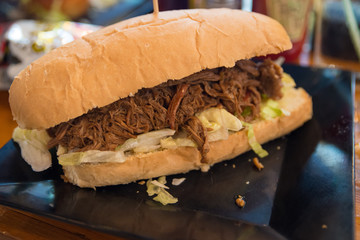 Close-up of a meat po'boy Louisiana meal