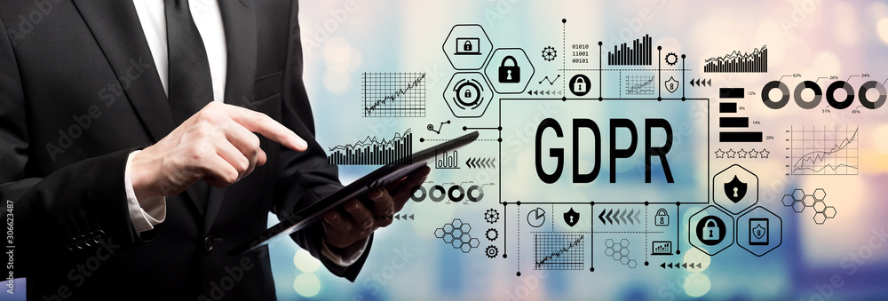 Poster gdpr concept with businessman using his tablet computer