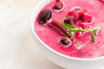 Beet root european soup called borscht with parsley