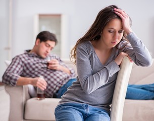 Drinking problem drunk husband man in a young family concept