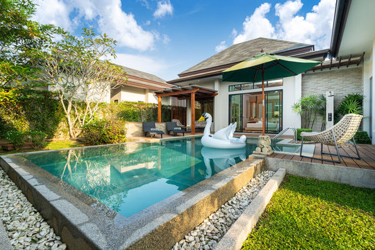 Swimming pool in tropical garden pool villa feature floating balloon