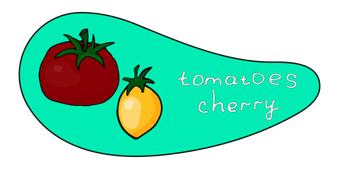Tomato and cherry tomatoes on a beautiful background with the inscription. o and cherry tomatoes.