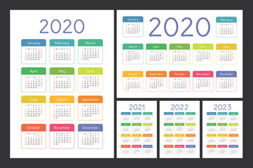 Calendar 2020, 2021, 2022 and 2023. English color vector set. Kid's wall or pocket calender template. Colorful big design collection. New year. Week starts on Sunday