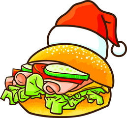 Funny and yummy big hamburger wearing Santa's hat for christmas
