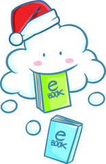 Funny and cute cloud character sharing ebook wearing Santa's hat for christmas