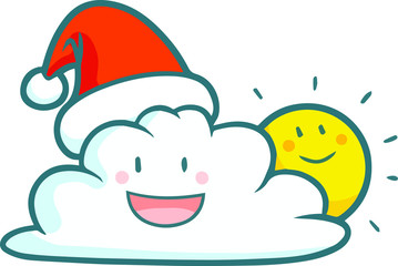 Cute and funny cloud with sun wearing Santa's hat for christmas