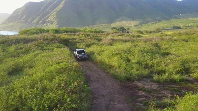 Drone shot following modern pick up truck through dirt off road trail in Hawaii