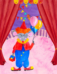 Watercolor illustration of a circus red-haired clown