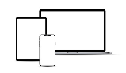 Set of portable electronic devices: smartphone, tablet, laptop.
