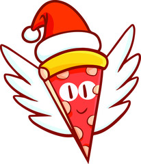 Funny and yummy pizza flying and wearing Santa's hat for christmas