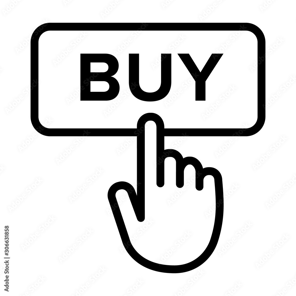 Poster hand clicking or tapping on buy button line art vector icon for apps and websites