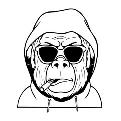 Cool face monkey smoke cigarette wear a glasses and hoodie jacket vector illustration. smile monkey wear glasses and cap hat listening music on headphone vector illustration.