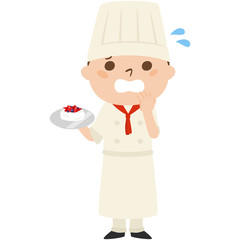 職業別、男性パティシエのイラスト。汗をかいて慌てている男性。