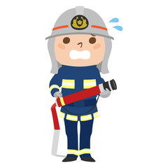 職業別、男性消防士のイラスト。汗をかいて慌てている男性。