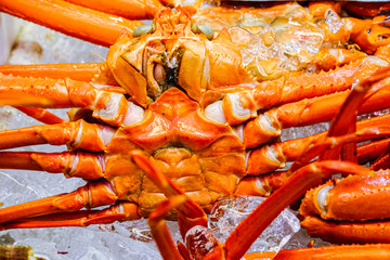 Close up many Japanese king crab in orange color put on ice box , Japan