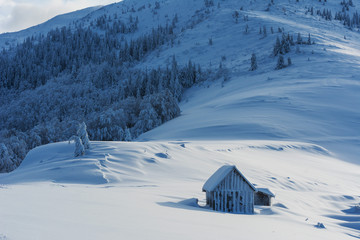 Wonderful morning in the mountainous valleys with houses in the Ukrainian Carpathians.	