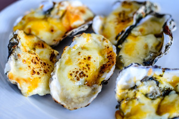 many baked oysters in cheese on a big white plate