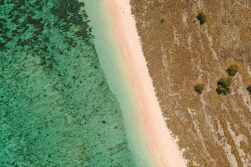 Fototapeta na wymiar Aerial view of Tropical long or pink beach in Komodo National Park, East Nusa Tenggara, Indonesia.