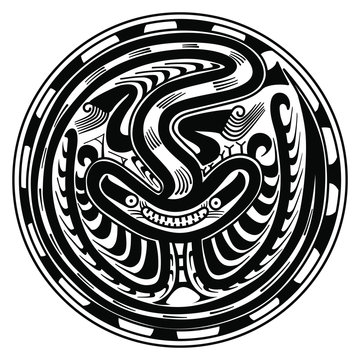 Isolated vector illustration. Fantastic creature in a circle. Ethnic tribal art of ancient Panama. Black and white silhouette. Sitio Conte or Cocle pottery.