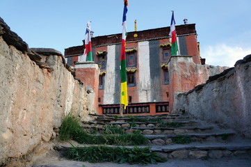The staircase in front of Tsarang Gompa is a monastery of the Sakya sect, built in 1395. Trekking to the Upper Mustang closed area. Nepal.