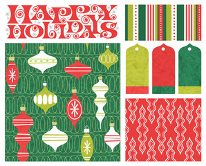 Materiał do szycia Set of new coordinating holiday seamless patterns, gift tags and design elements for gift wrap, cards and decoration. Simple flat retro style for Christmas and New Years. Vector illustration.