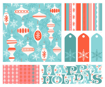 Set Of New Coordinating Holiday Seamless Patterns, Gift Tags And Design Elements For Gift Wrap, Cards And Decoration. Simple Flat Retro Style For Christmas And New Years. Vector Illustration.