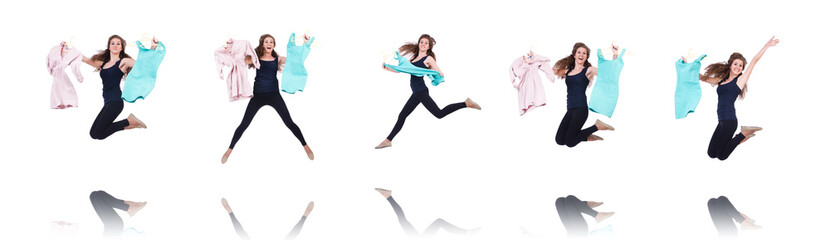 Woman trying new clothing on white