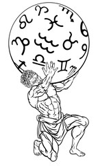 Atlas the titan from Greek mythology sentenced by the gods to hold up the heavens represented by star zodiac signs