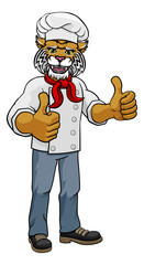 A wildcat chef mascot cartoon character giving a double thumbs up