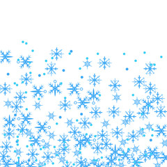 Winter card border of snow flakes falling vector background. Snowflake flying border macro illustration,card or banner with snow elements, flakes confetti scatter frame. Cold weather winter symbols.