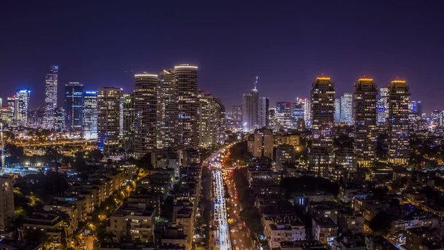 [Hyper Lapse] Tel Aviv city center at night, Israel, 4k aerial drone view 