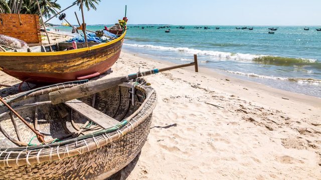 Coracles boat on beach with fishing boats anchored at sea in background, Mui Ne