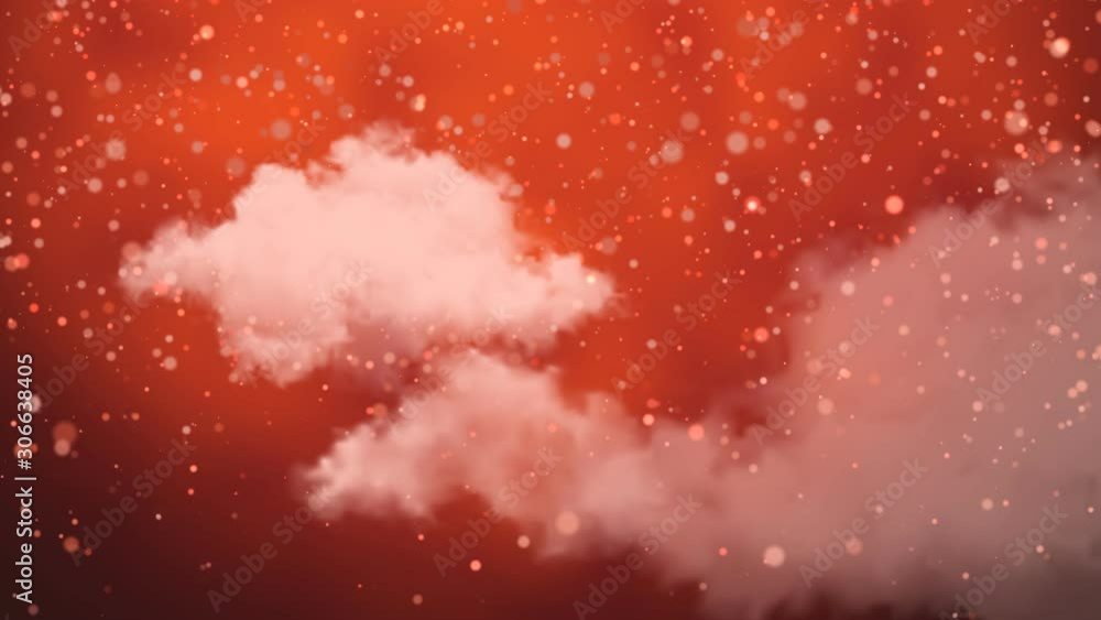 Poster animation of a fun video card with falling snowflakes, clouds, lines and circles on a red background