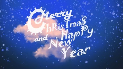 Animation of Merry Christmas and Happy New Year video card with falling snowflakes, clouds, lines and circles. Happy New Year typography on a blue backdrop. - Powered by Adobe