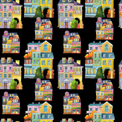 Pattern of watercolor houses isolated on black background. Children's illustration. Seamless background.