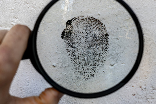 a crime investigation, a magnifying glass and the fingerprint on the surface texture