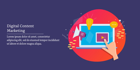 Content technology, digital marketing,  video advertising, promotion for branding, internet business concept. Cartoon style web banner template.