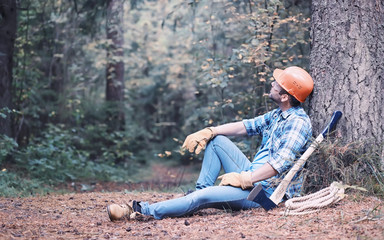 Male lumberjack in the forest. A professional woodcutter inspects trees for felling.